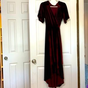 Listiele burgundy velvet wrap dress. Hi low hem.